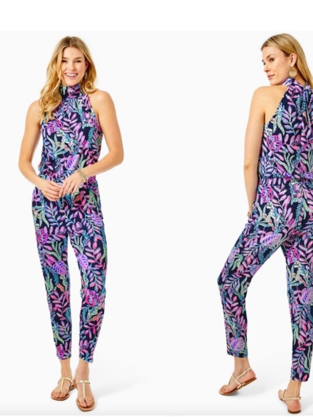 Lilly Pulitzer Wyota Tropical Jungle Blue Purple Jumpsuit Size Large